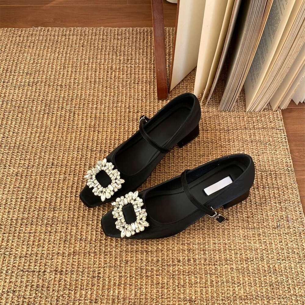 Designer Spring New High Heels for Women, Outdoor Wear, High-End Rhinestone Square Buckle Mary Jane Shoes, Soft Sole Women's Shoes