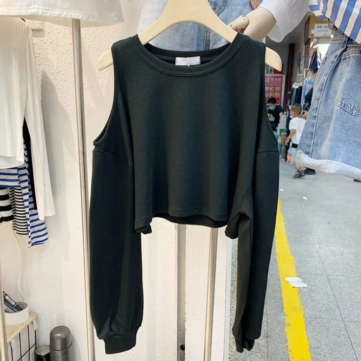 Woman Tshirts Summer Off-the-Shoulder Cotton Long-Sleeved Hole T-shirt O Neck Loose Solid Color All-match Shirt WBXC36 250724