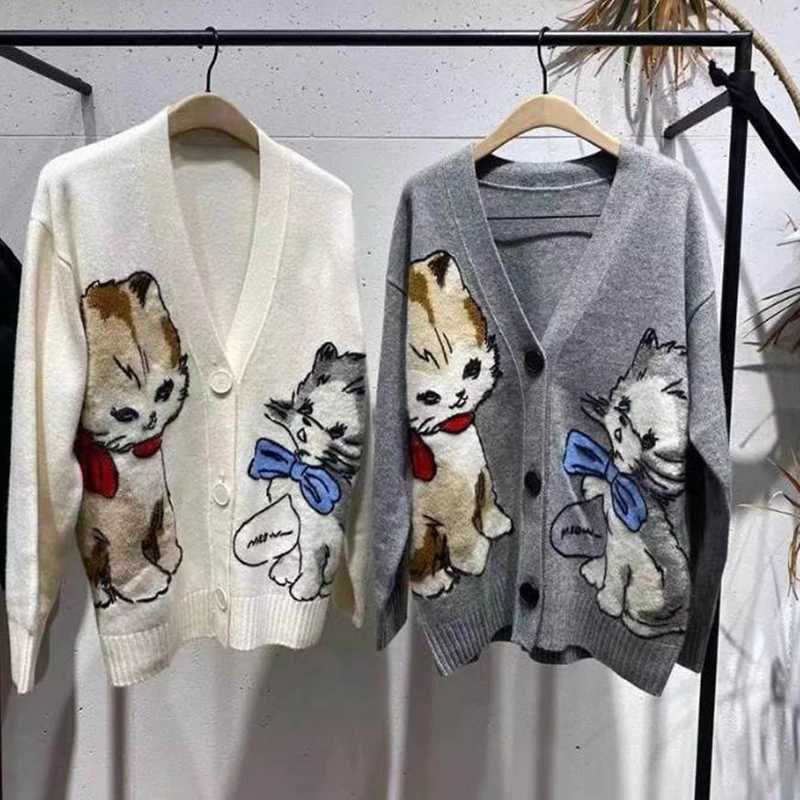 Women Knitted Cardigans Cartoon Cat Pattern Retro Korean Chic Long Sleeve V-neck Sweater Coat Fashion Outerwear Loose Female Top X250724