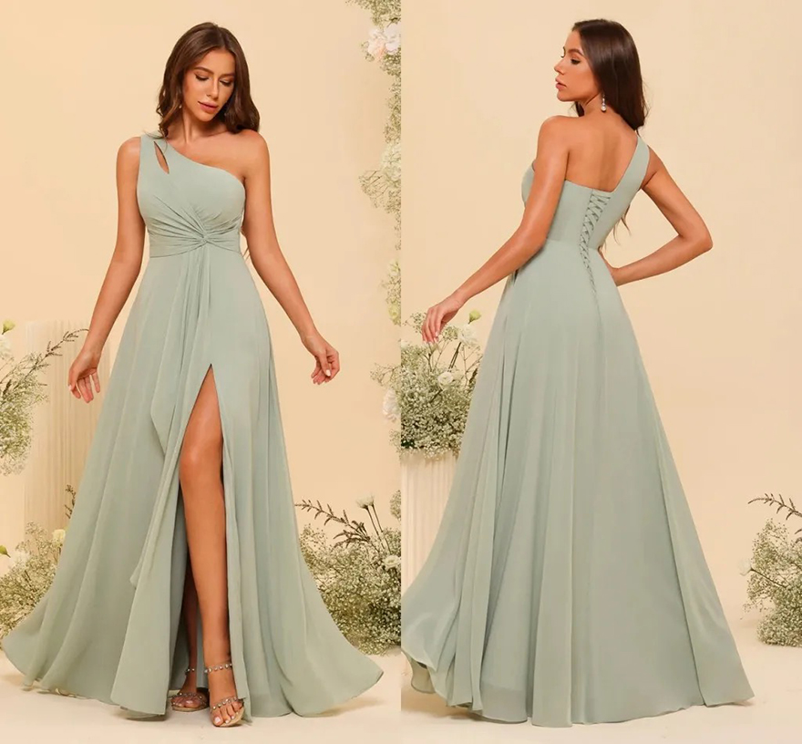 Mint Simple Chiffon A Line Bridesmaid Dresses Elegant One Shoulder With Hole Floor Length Maid Of Honor Gowns Pleated Sexy Side Split Long Wedding Gue