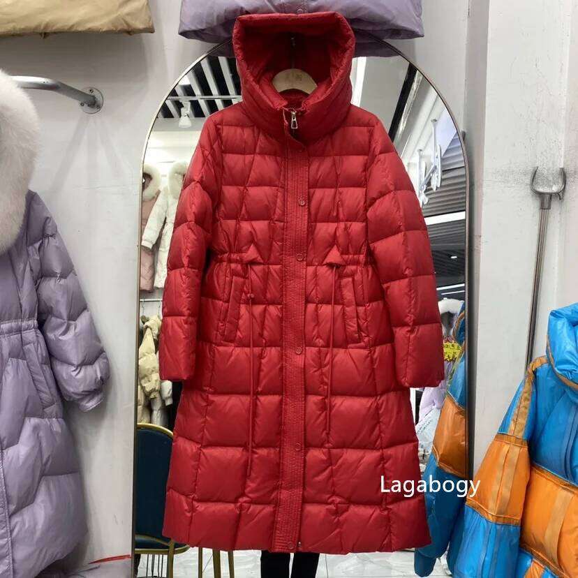 Lagabogy 2025 New Winter Women White Duck Down Jacket Slim Puffer Overcoat Long Pocket Coat Female Hooded Thick Warm Parkas