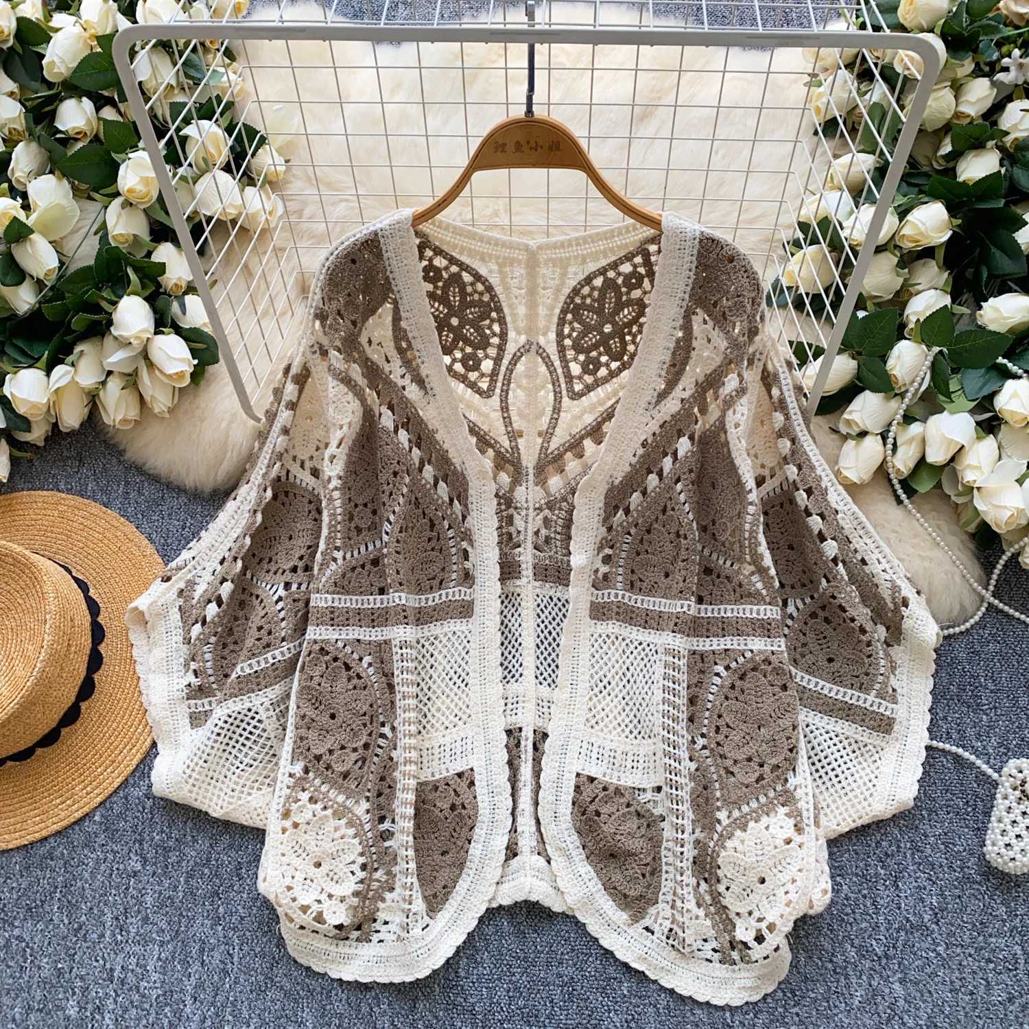 Chicy vintage Hook flower hollow loose Knit Elegant Fashion Sexy cardigan Shirt High Stretch Summer Women Blouse Women X2507241
