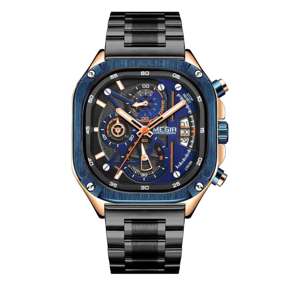 DHwatches MEGIR Men's Square Watch - Digital-Analog Display, Luminous, 30M Waterproof, Stainless Steel, Multifunction Wristwatch