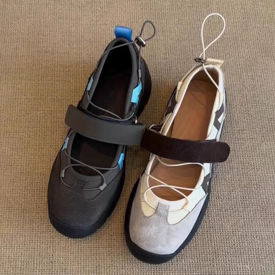 Cowhide Version ~ Thick-Soled Color-Block Sports Velcro Mary Jane for Women Genuine Leather Versatile Functional Style Single Shoes ddmythur
