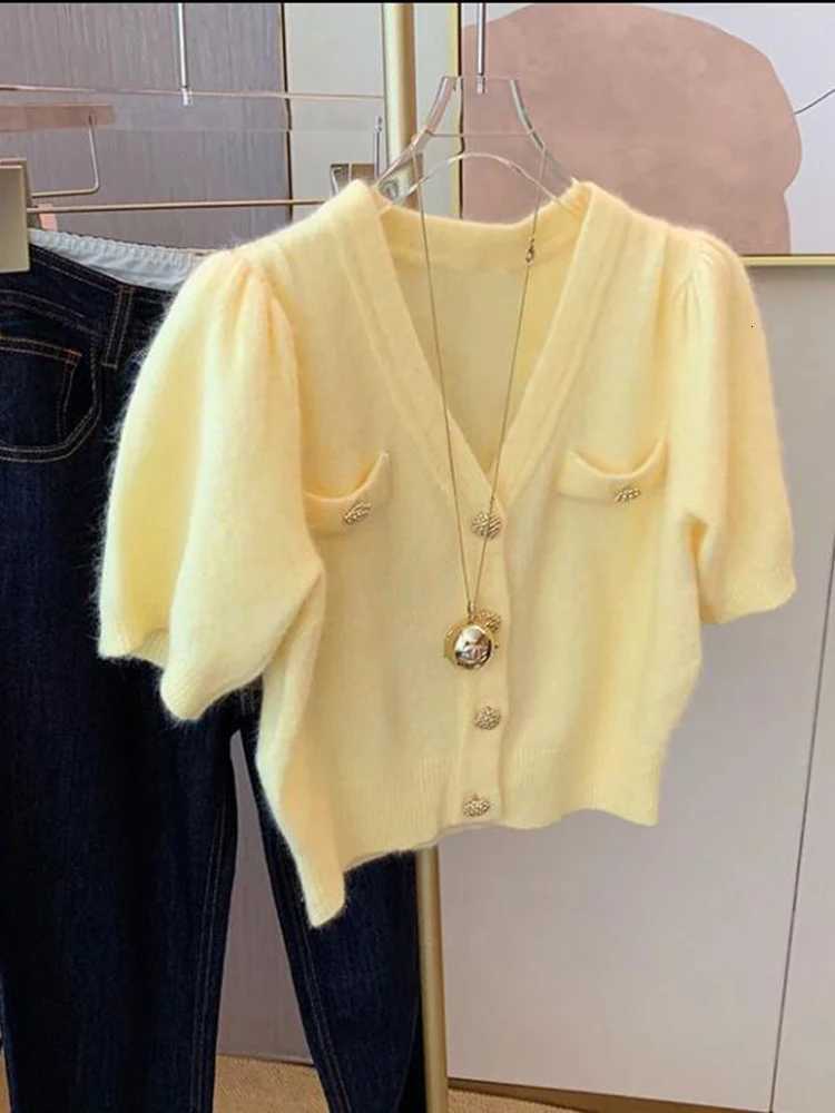 Summer Knitted Cardigan Womens Korean Chic V-neck Short Sleeve Sweater Small Fragrance Knitwear Tops Jumper Female T Shirt X250724