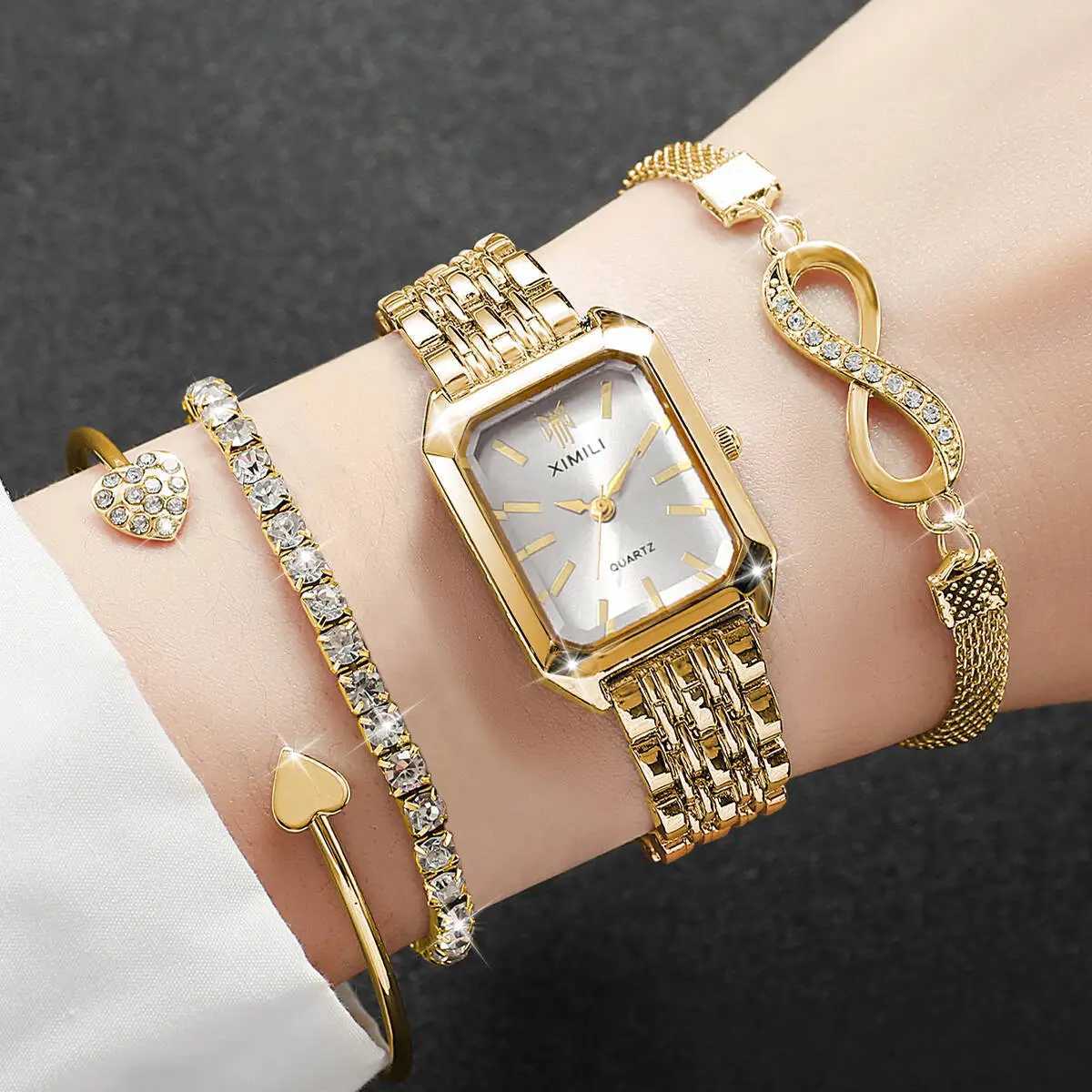 4PCS Fashion Rectangle Women Watches Luxury Stainless Steel Band Ladies Quartz Watch Rhinestone Bracelets Set Womens Watch W250724