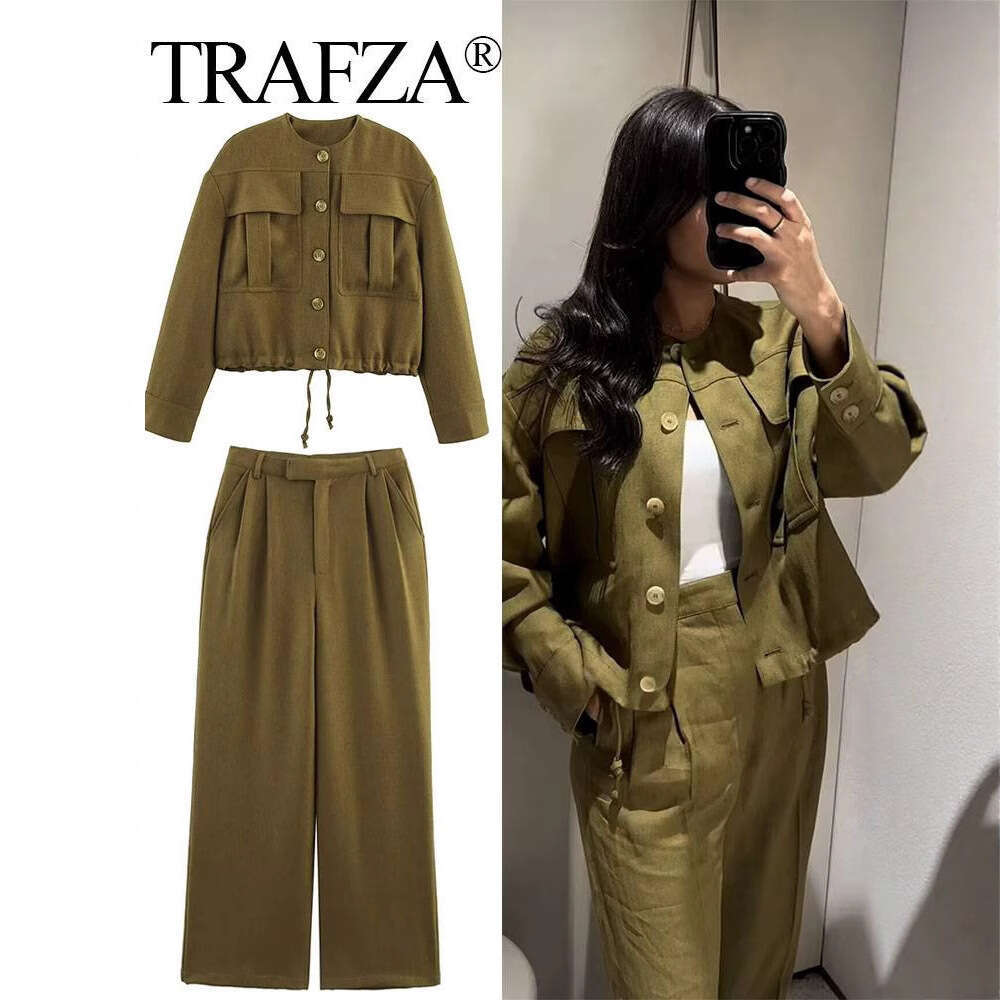 TRAFZA Women's Spring New Style Three-Dimensional Pocket Decor Pilot Jacket High-Waisted Straight-Leg Pants Set B5