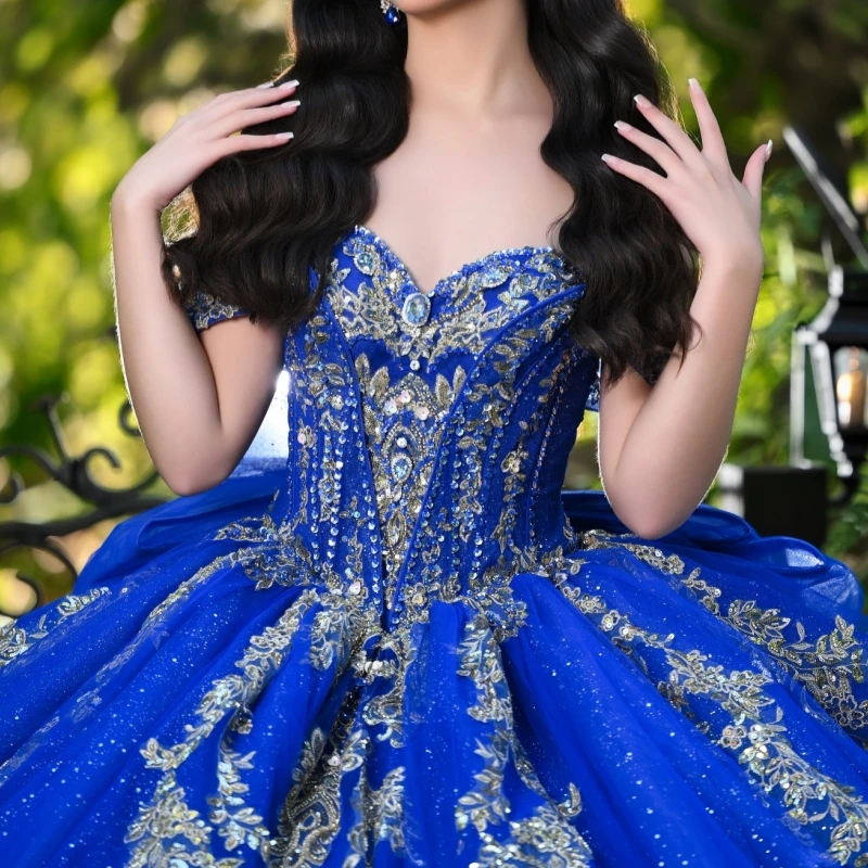 Royal Blue Shiny Quinceanera Dresses Off Shoulder Ball Gown Sweet 16 Dress Applique Lace Beading Crystal Bow Tull Birthday Party Vestidos 15 De Anos