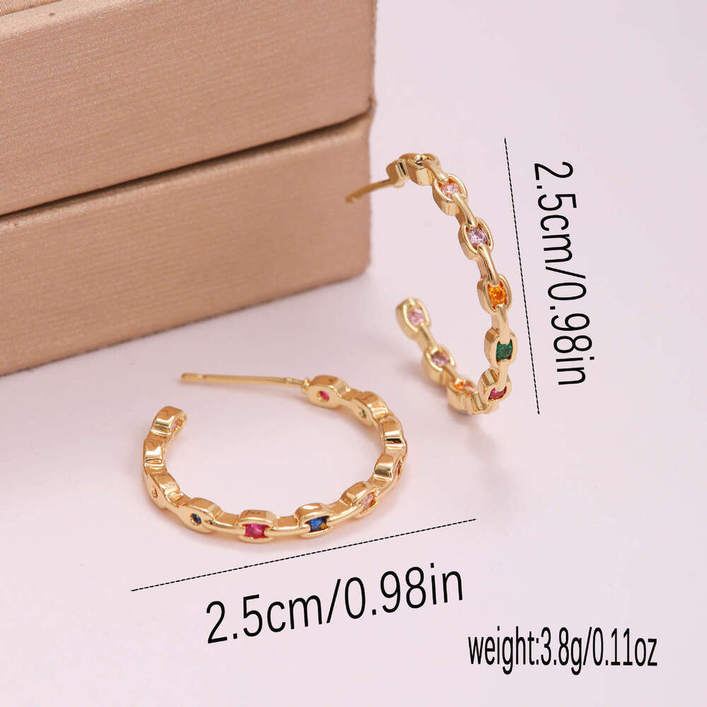 French Fashion C-Shaped Full for Women, Colorful Dia INS Style Micro Pave Zirconia Luxurious Simple Hoop Earrings with Real Gold Plating