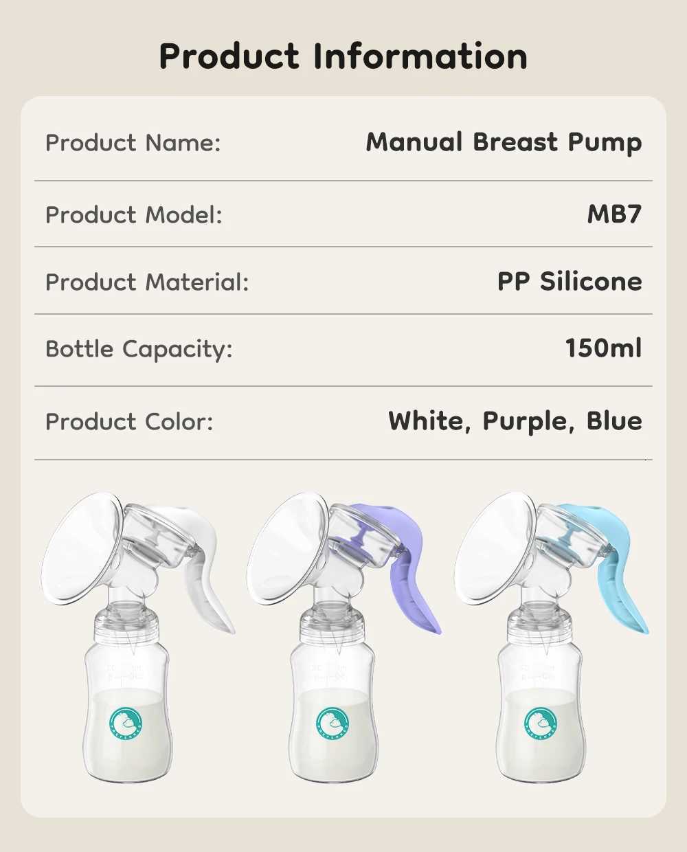 Portable Breast Pump Baby Nipple Manual Suction Milk Pump Feeding Breasts Pumps Milk Bottle Sucking Postpartum Supplies BPA Free X250724
