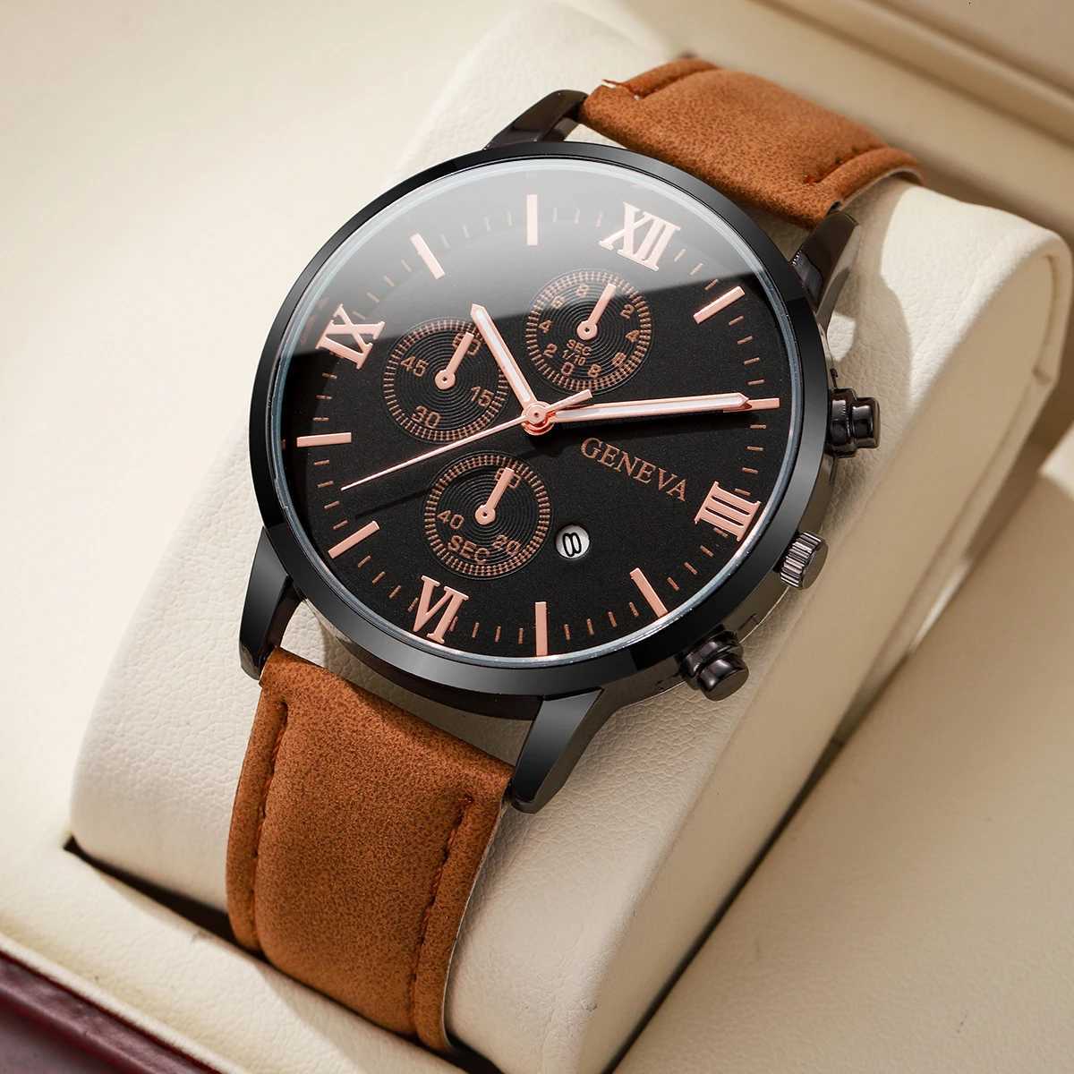 1/2PCs Mens Casual Calendar Watch Fashionable Mens Temperament Leather Quartz Watch Unisex Watch Set (Box Not Included) W250724