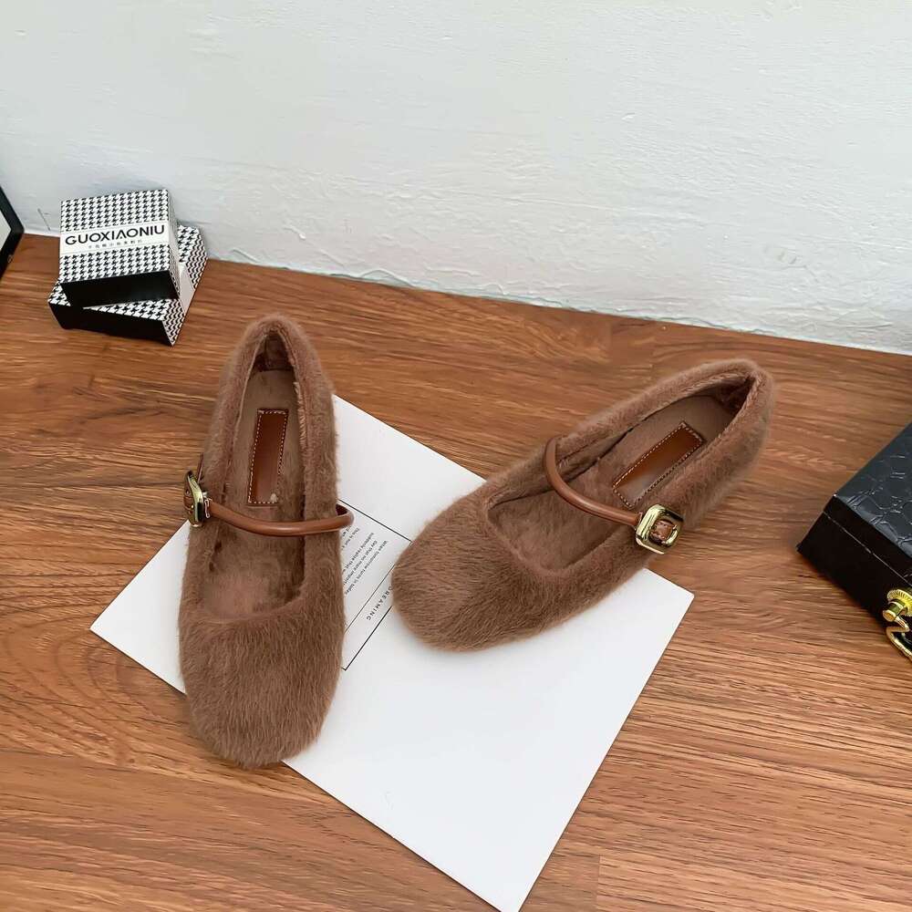 Designer Winter New Furry Women, High-end Thick Velvet Warm Shoes, One-Strap Korean Style Cotton Shoes for Women
