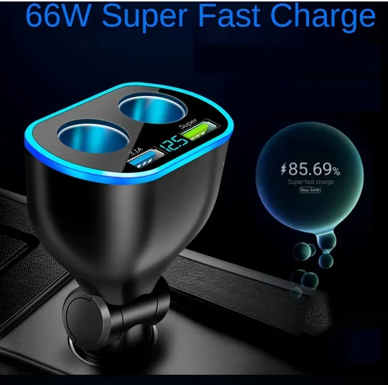 12V/24V 66W Sockets Cigarette Lighter Car Charger Splitter Adapter Multi Power Outlet LED Voltage Display Dual USB Port QC3.0