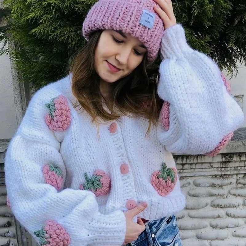 3D Strawberry Embroidery V-neck Lantern Long Sleeve Knitted Cardigan Coat for Women Y2K Single-breasted Knitwear Jacket X250724