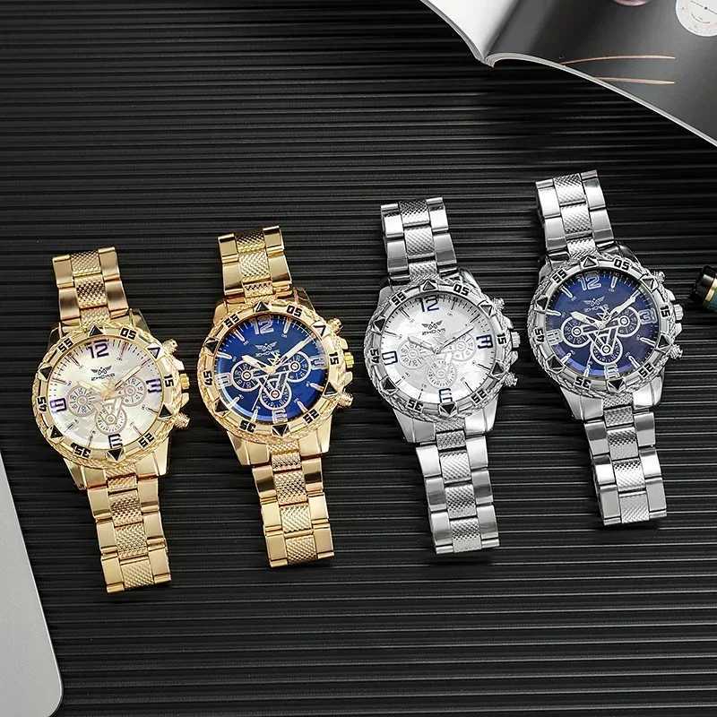 Luxury Mens Quartz Watch Classic Business Men Wristwatch Large Dial Alloy Steel Strip Blue Light Three Eye Mens Quartz Watch W250724