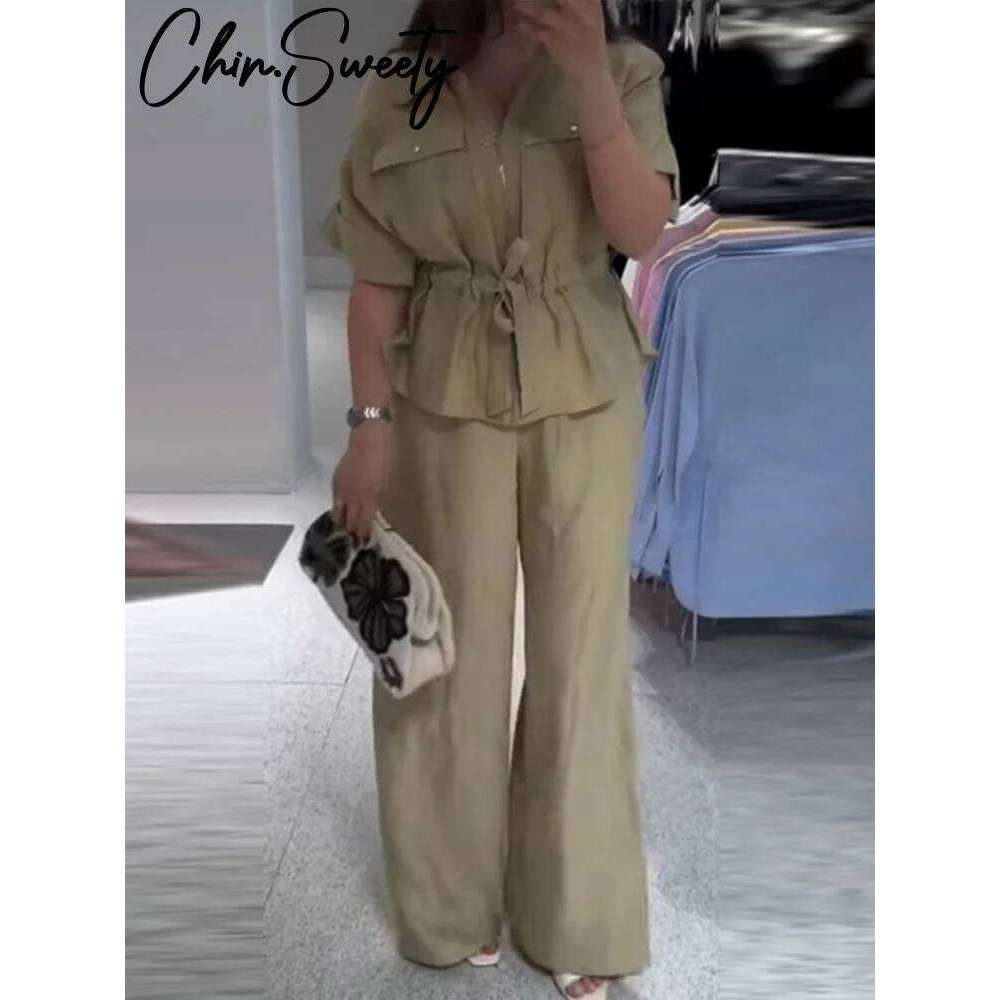 Designer niche casual loose zipper V-neck lace-up pleated top wide-leg trousers set summer women's single clothing new product