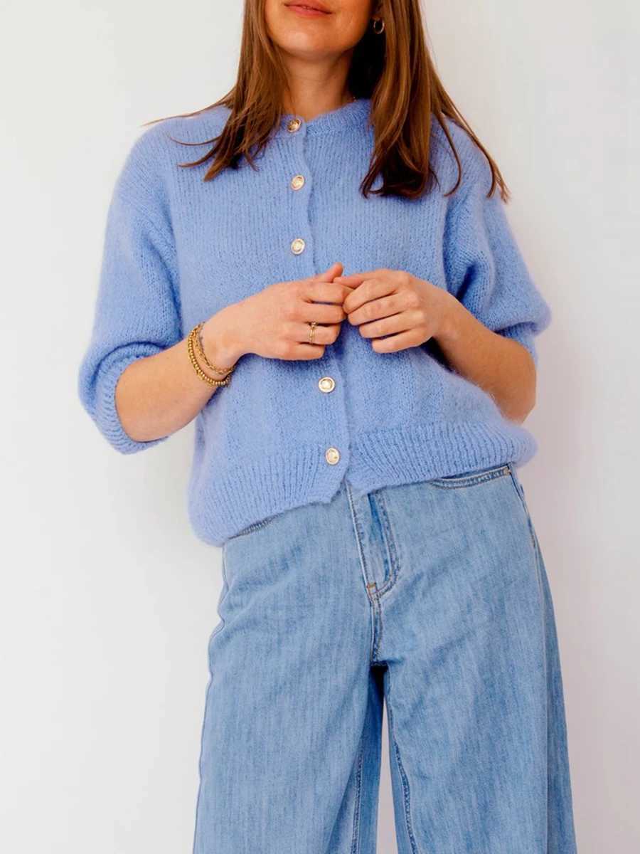 Women Autumn Sweater Cardigan Half Sleeve O Neck Button Up Solid Color Knitwear Female Casual Slim Soft Fall Coat for Streetwear X250724
