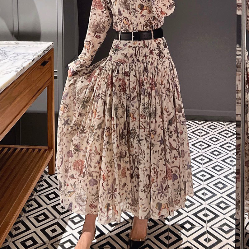Ladies High Waist Floral Print Skirt Designer Belt-Free A-Line Skirt Voluminous Silhouette Y2K Romantic Clothes S0753