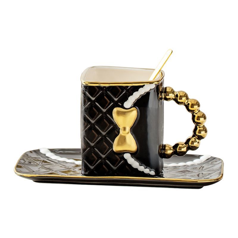 Designer Luxury 350ML Pearl Bow Bag Cup Coffee Cup Milk Cup Dish Set Home Office Afternoon Tea Ceramic Water Cup