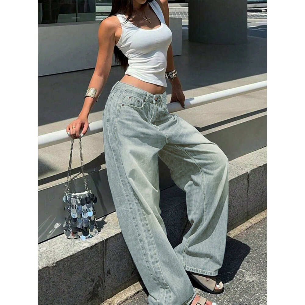 Light Gray Washed Straight-Leg Jeans for Women American Style Design Floor-Length Pants