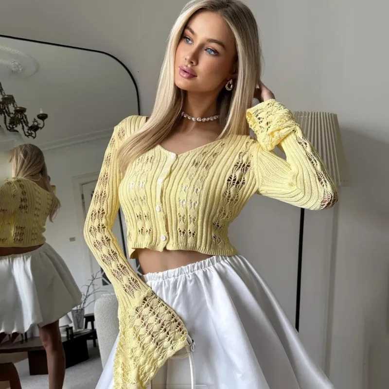 Talenza Knitted Hollow Top Womens V Neck Flared Long Sleeves Buttons Cardigan Top Female Fashion Solid Hotswt Slim Top Women X250724