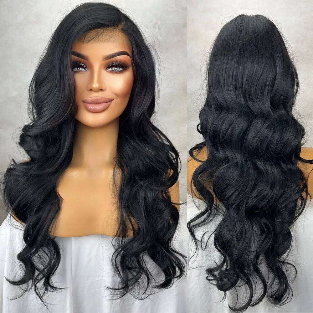 Free Part 26-32 Inch Curly Wavy Water Waves Swiss Lace Front Perm Blends Gift For Her Realistic Ladies Womens Wig