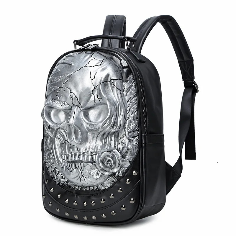 JIEROTYX Rivet 3D Skull Skeleton Embossed Shoulder Bag Travel Backpack Restore Halloween Cool Dark Gothic Carving Backpack 250723