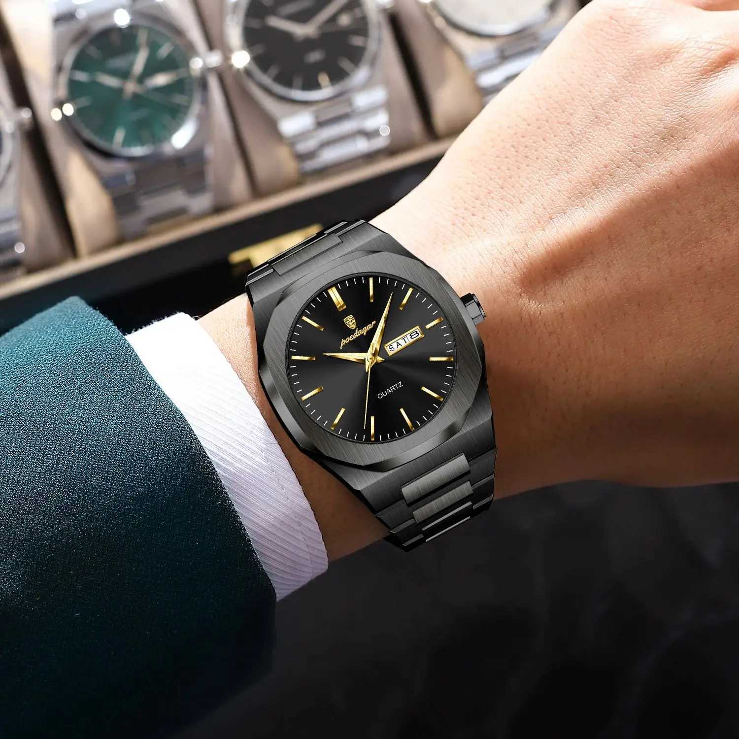 POEDAGAR Fashion Brand Mens Watch Waterproof Luminous Stainless Steel Watches For Men Date Week Casual Quartz Mens Clock Reloj W250724