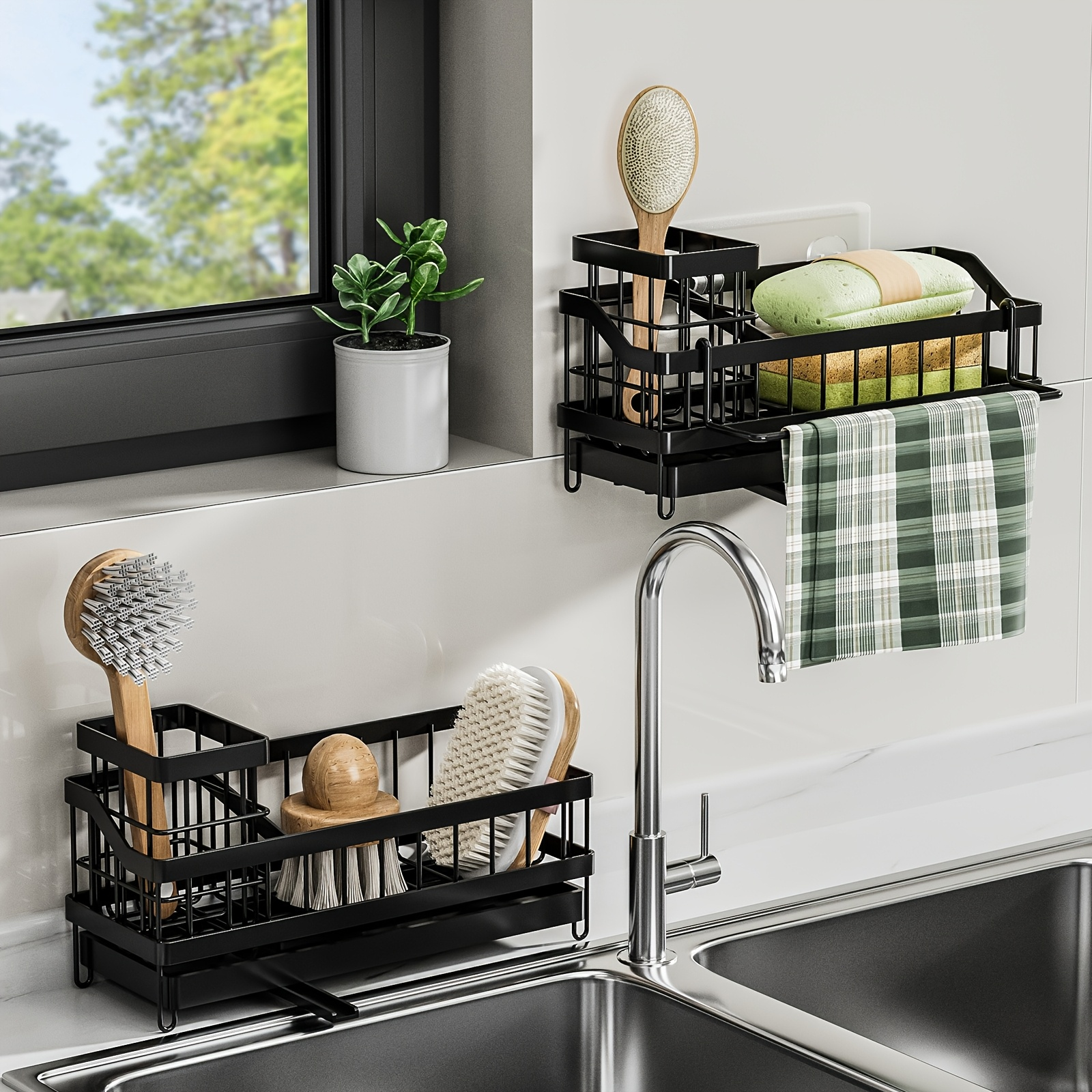 2-in-1 Kitchen Sink Organizer (9.5") Sponge Holder with Soap Dispenser Tall Brush Stand Rustproof ABS Plastic with Non-Slip Base Black Countertop