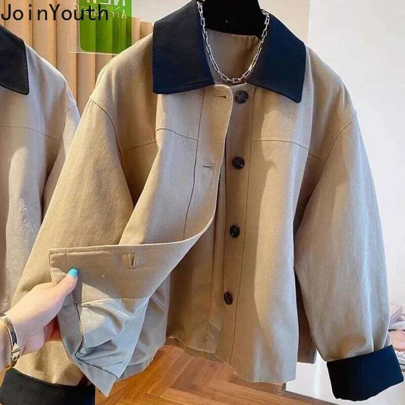 Korean Clothing Fashion Jackets for Women's Contrast Color Turndown Collar Vintage Outwear Casual Oversized Coats Tops Female