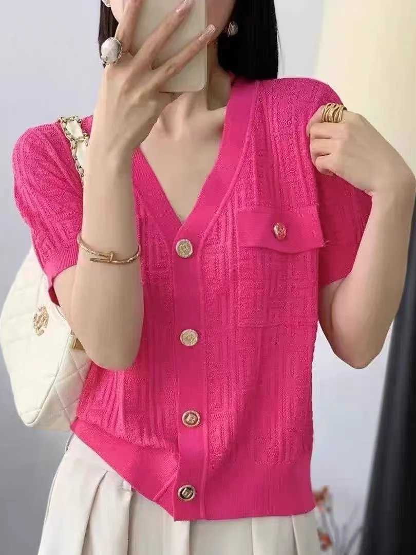 Stylish V-neck Sweater Cardigan Women Summer Jacquard Knit Single-breasted Short Sleeve Tops Knitwear Elegant Fashion Chic Jumpsuit X250724