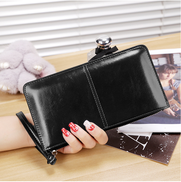 Free Shipping Designer Bag Women's Long Wallet Women's Leather Wallet Zipper Buckle Wallet Korean Version Large Capacity Handbag Oil Wax Lea