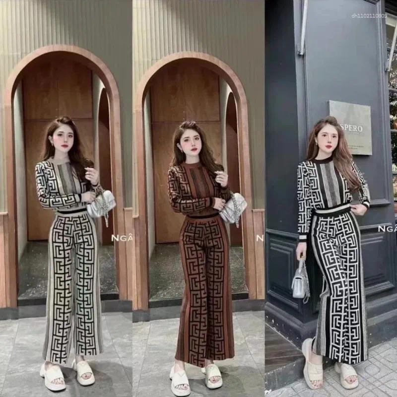 Spot goods Women's Knitted Tracksuit Set Fashion Maze Print Top and Wide Leg Pants - Comfortable Two Piece Casual Outfit