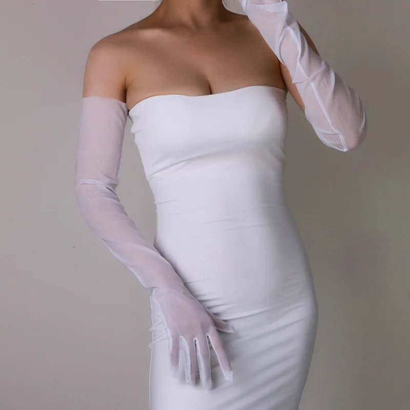 Black silk white silk gloves with extra long high elastic lace mesh translucent perspective black wedding dress touch screen 250722