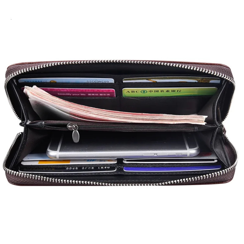 Fashion Mens Long Mobile Phone Bag Business Leather Multi Function High Capacity Zipper Wallet with Hand Belt 250723