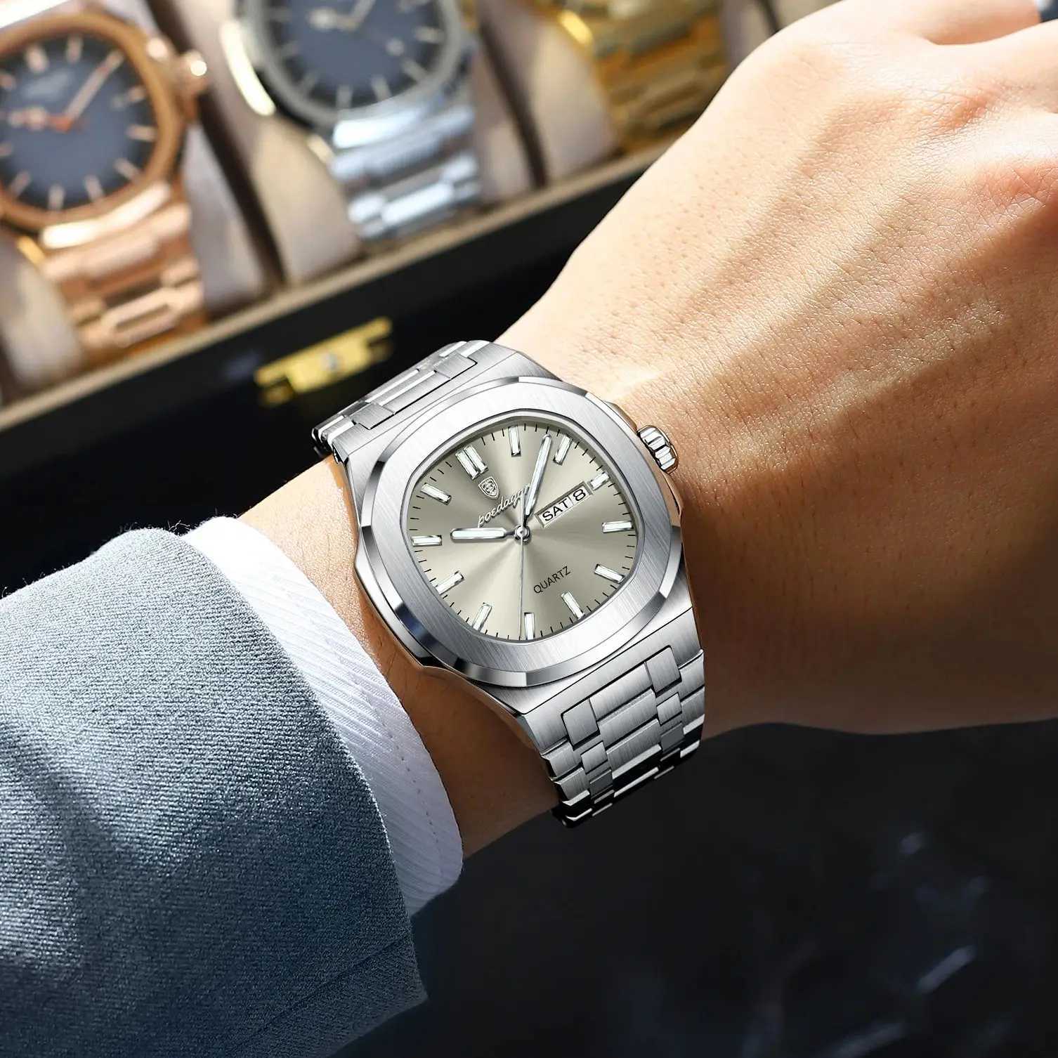 POEDAGAR Luxury Business Men Watch Stainless Steel Waterproof Luminous Mens Watches Date Week Fashion Quartz Man Wristwatch with Box W250724