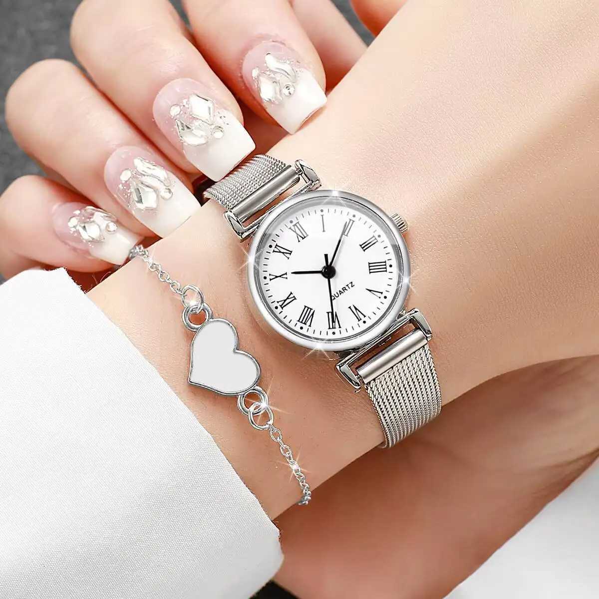 2/4PCS Fashion Roma Dial Quartz Watch Casual Mesh Strap Women Watches Bracelet Set Reloj MujerWithout Box W250724