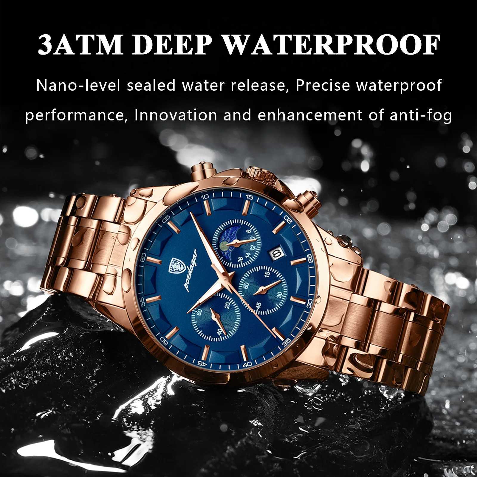 POEDAGAR Luxury Mens Wristwatch Military Waterproof Luminous Chronograph Mens Watch Stainless Steel Mens Quartz Watches + Box Reloj W250724