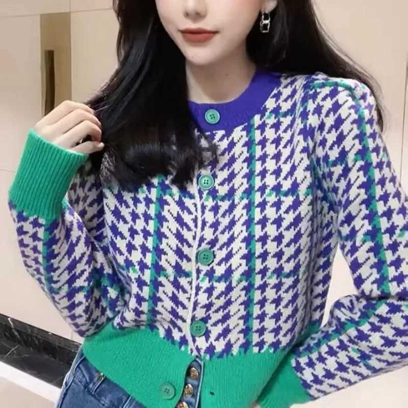 European Goods Colored Thousand Birds Knit Cardigan Women 2023 Autumn and Winter New Round Neck Fashion Retro Short Sweater Tops X250724