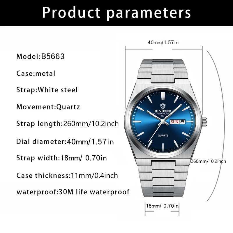 BINBOND Top Brand Luxury Men Quartz Watches Original Watch for Men Waterproof Luminous Date Week Stainless Steel Wristwatch Male W250724