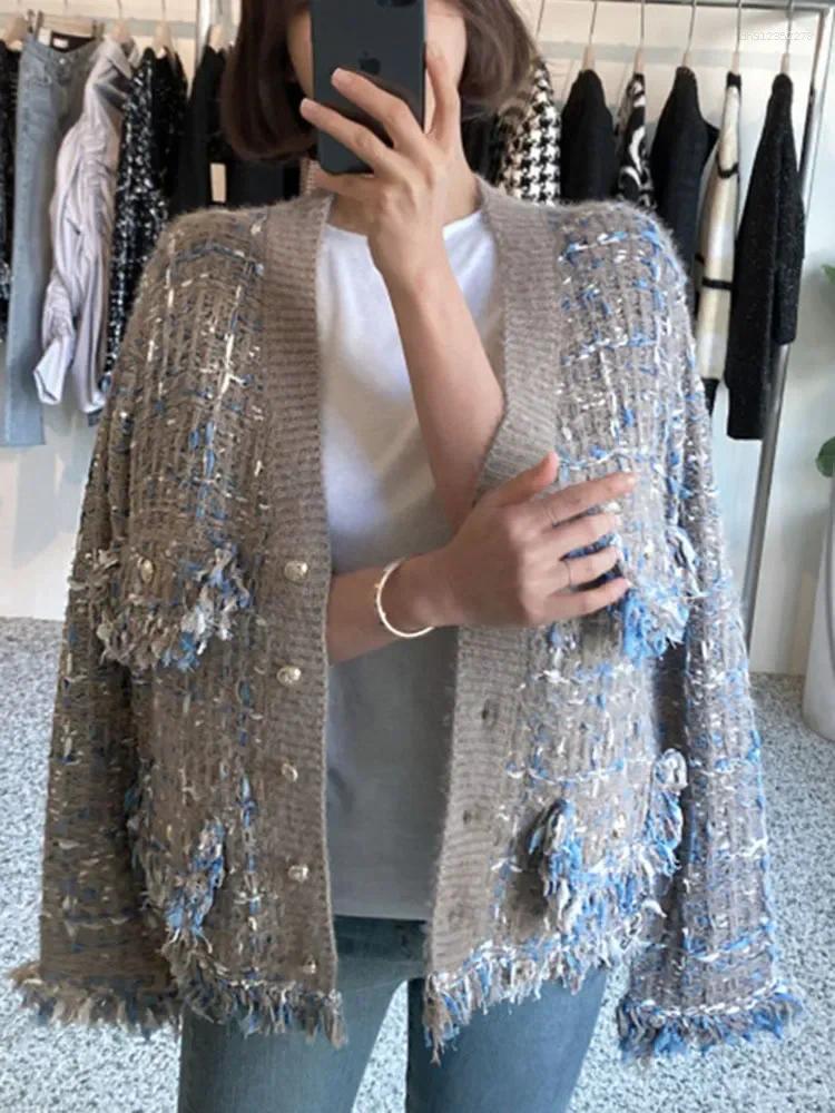 Designer Women's Jackets - Chanel-style Vintage Tassels Patchwork Jacket Contrast Color V-neck Single Breasted Loose Coat Female Casual Fashion T