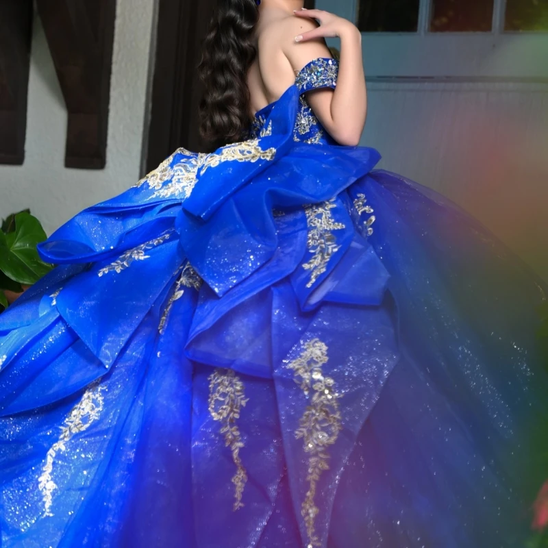 Royal Blue Shiny Quinceanera Dresses Off Shoulder Ball Gown Sweet 16 Dress Applique Lace Beading Crystal Bow Tull Birthday Party Vestidos 15 De Anos