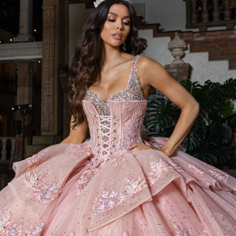 Pink Shiny Quinceanera Dresses Off Shoulder Ball Gown Sweet 16 Dress Applique Lace Beading Crystal Bow Tull Birthday Party Vestidos 15 Anos