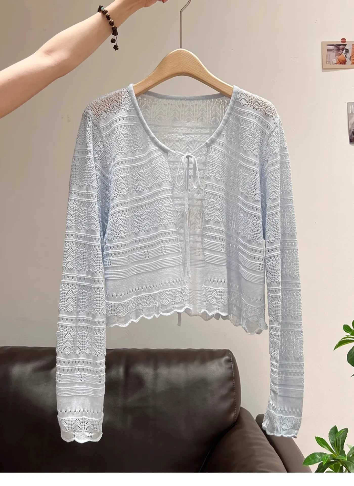 Summer Sunscreen Knitted Shirt Women V-neck Long Sleeve Lace Up Knitting Coat Casual Fashion Female Thin Sunproof Cardigan X250724