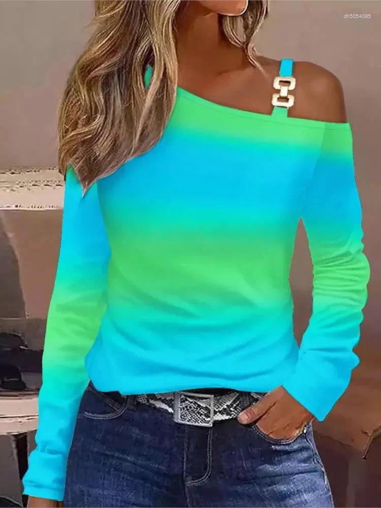 Women's T Shirts Autumn Fashion Long Sleeve Women Sexy Off Shoulder Top Spring Elegant T-shirt Print Casual Tops Female TUES