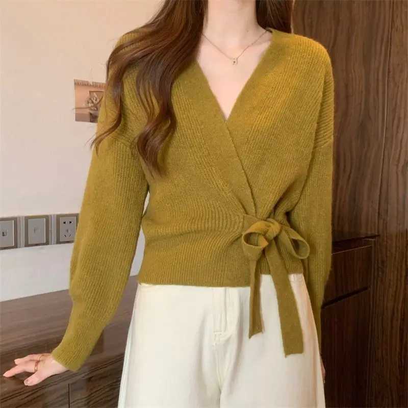 Cross-shaped irregular strap waist slimming sweater cardigan for women in autumn and winter chic lantern sleeve loose knit sweater X250724