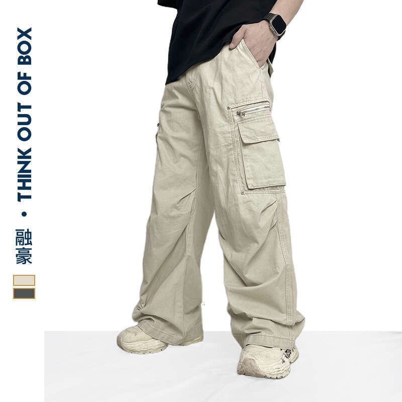 American High Street Large Pocket Zipper Cargo Wide Leg Three-Dimensional Cut Straight Loose Trendy Men's Pants