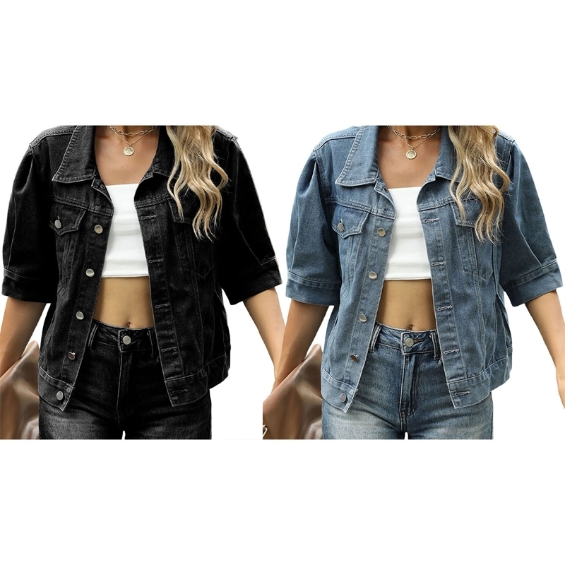 Women Denim Jacket Short Sleeve Turndown Collar Button Clre Solid Casual Streetwear y250709