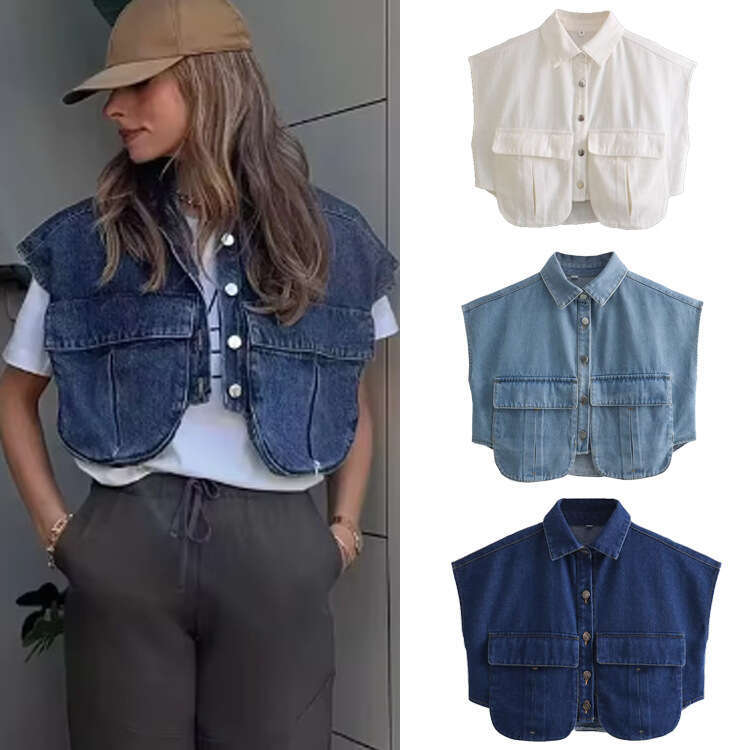 TRAFZA Style Vest Sleeveless Large Collar Denim Jacket B5