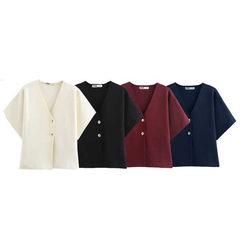 Plain knit short-sleeve cardigan for women traf 2024 with metal buttons for decoration V-neck and loose short sleeve design X250724